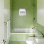 A combination of mosaic tiles and a lighter shade of large tiles. The design of the green bathroom turned out well