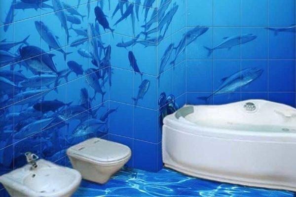 Unconventional you can design a bathtub even using standard materials - photo printing on tiles and poured floors 