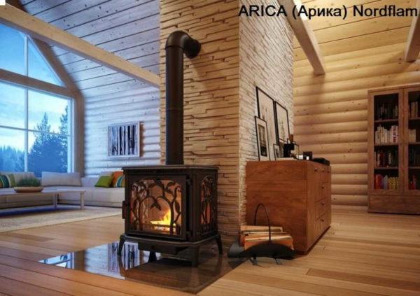 A non-combustible material is placed on the wooden floor (the photo shows an example of Arika fireplace stove installation)