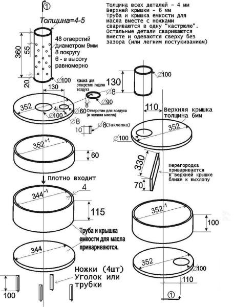 Waste oil furnace diagram with dimensions - everything you need to make it yourself