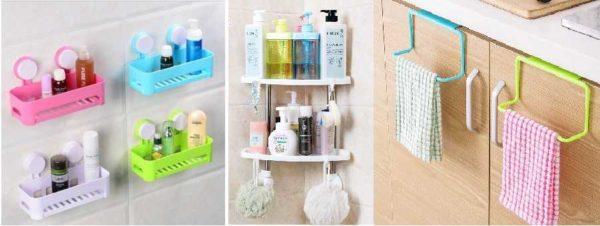 There are inexpensive, though not very elegant, baskets, shelves, and holders made of plastic 