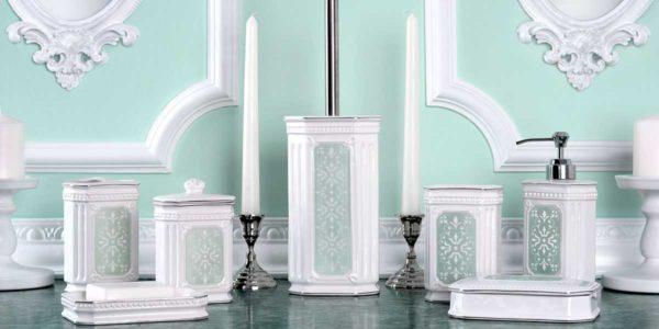 For the interior of the bathroom in classic style accessories made of ceramic with ornaments 