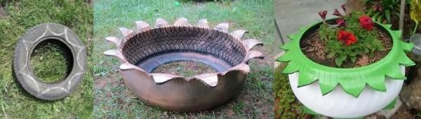 The process of turning an old tire into a flower bed