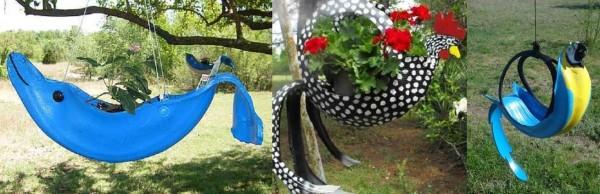 Tire planters - parrot, rooster and dolphin