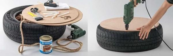 Pouffe or table made from an old tire