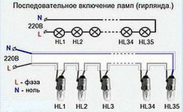 Diagram of series connection of spotlights