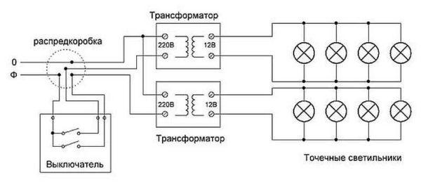 Wiring diagram of spotlights to a two-key switch