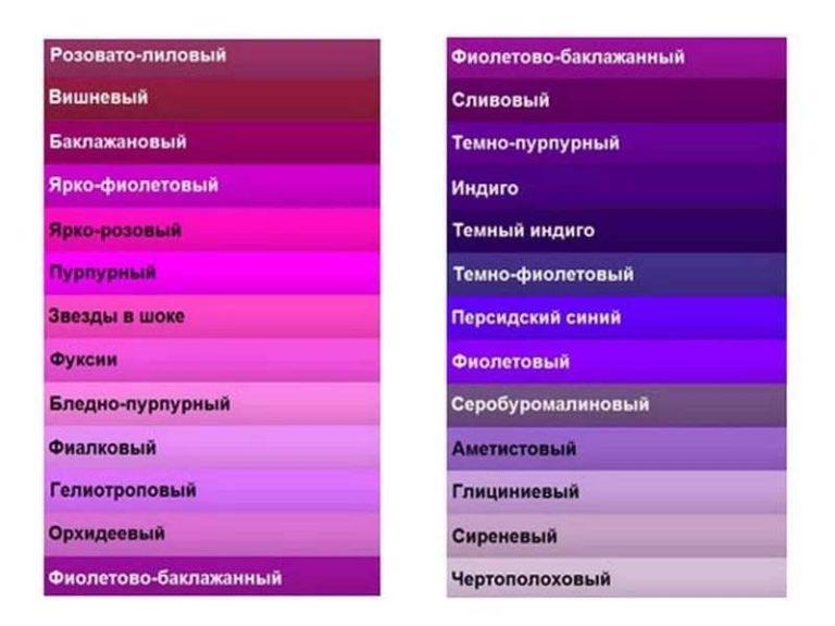 Shades of lilac and purple with names