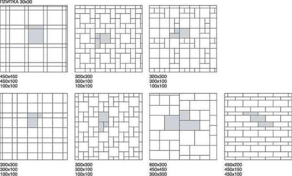 Options for laying tiles in the bathroom floor - different sizes and schemes