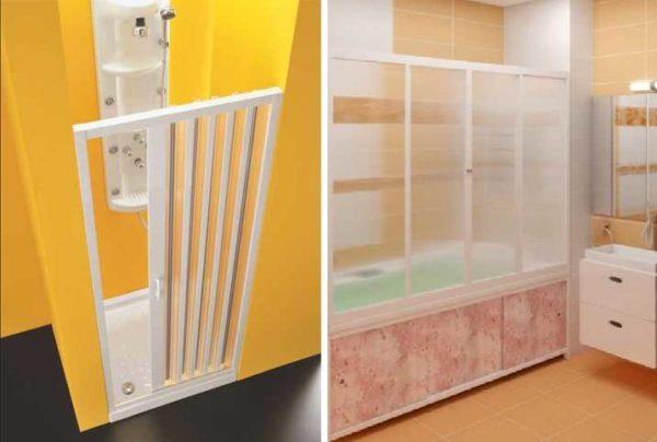 Plastic sliding bathtub screens - accordion (left) and frame (right)