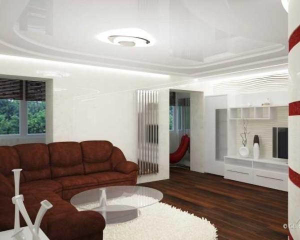 Living room. A large semicircular sofa is the center of the interior. It occupies the center of the composition