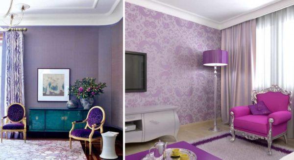 In the living room, you can use purple or pastel light colors as the main one (for walls, textiles, etc.) 