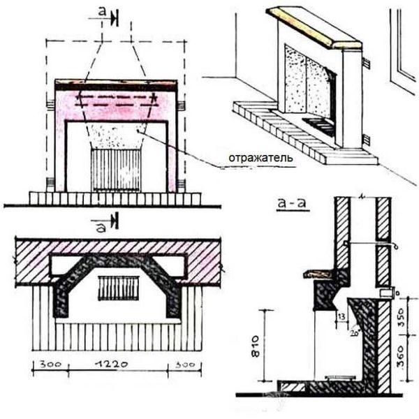 Drawing of a classic English fireplace with dimensions