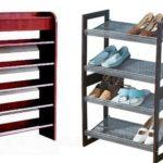 Medium-height chipboard and metal shoe shelves