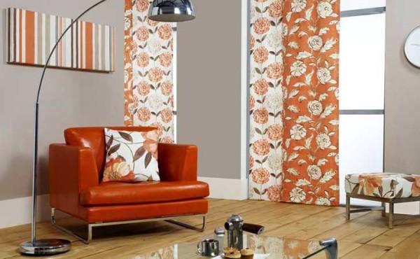 Japanese curtains with ornaments in the interior of modern style 