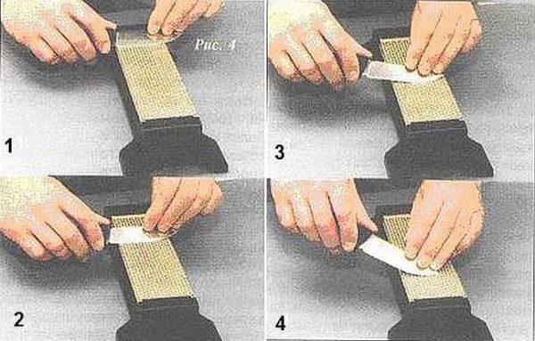 The process of sharpening a knife on a sharpening stone