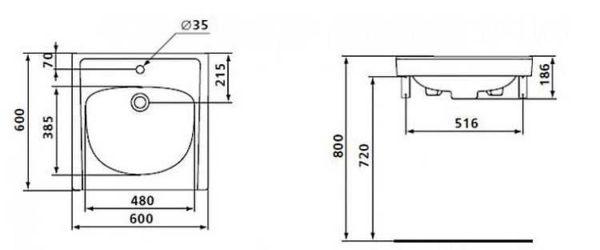 Drawing with dimensions of the sink for installation above the washing machine