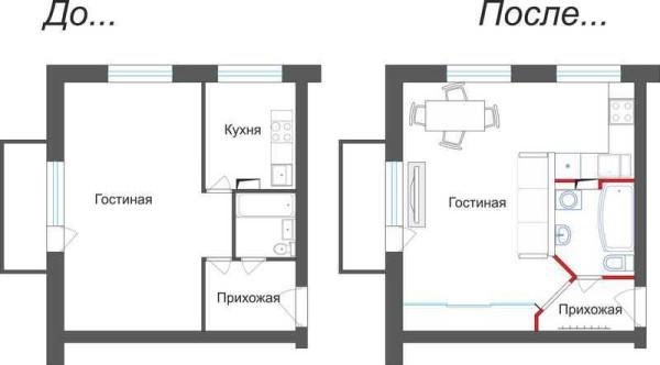 Variant of redevelopment of a one-bedroom into a studio apartment