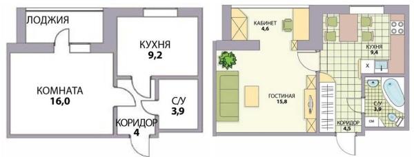 Redevelopment of 1 room Khrushchevka apartment