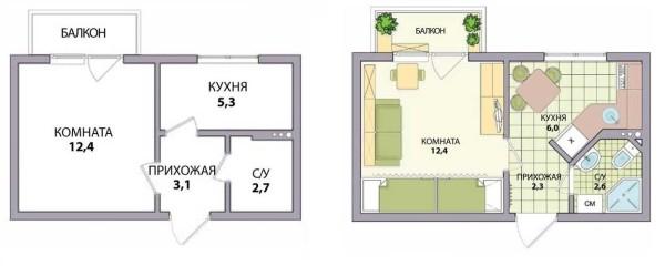 Khrushchevka layout: 1 room