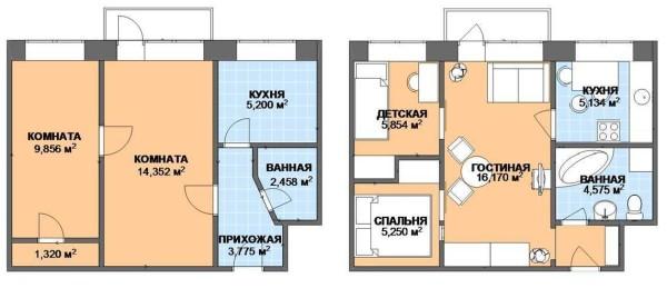 Another option for remodeling a two-room apartment into a three-room apartment