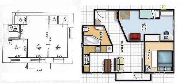 An interesting variant of redevelopment of a two-bedroom apartment