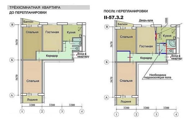 Redevelopment of three-room Khrushchevka: before and after photos