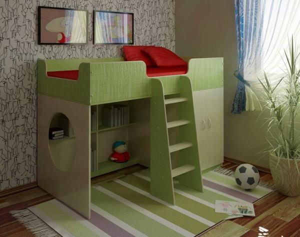 A loft bed with a play area for a boy