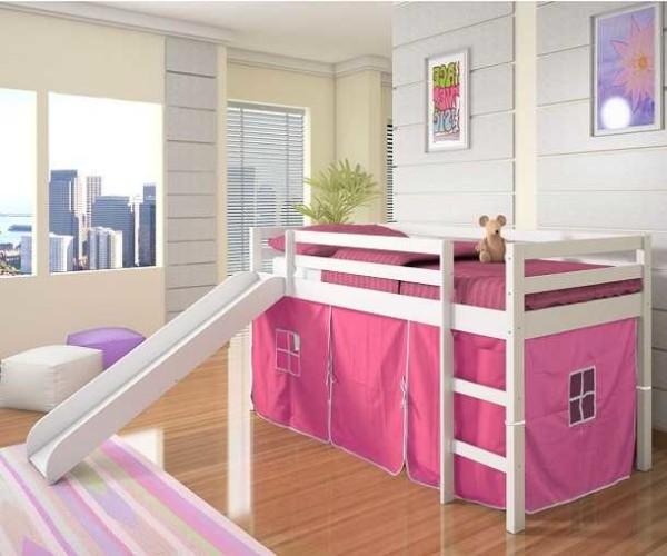 A loft bed with a slide