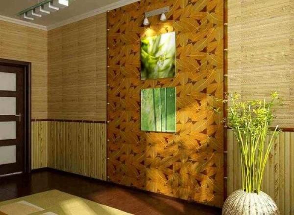 Bamboo wallpaper hides uneven walls well