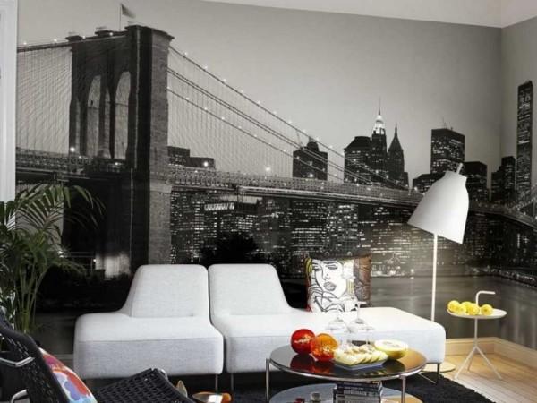 Black and white photo wallpaper on living room walls can be every bit as spectacular