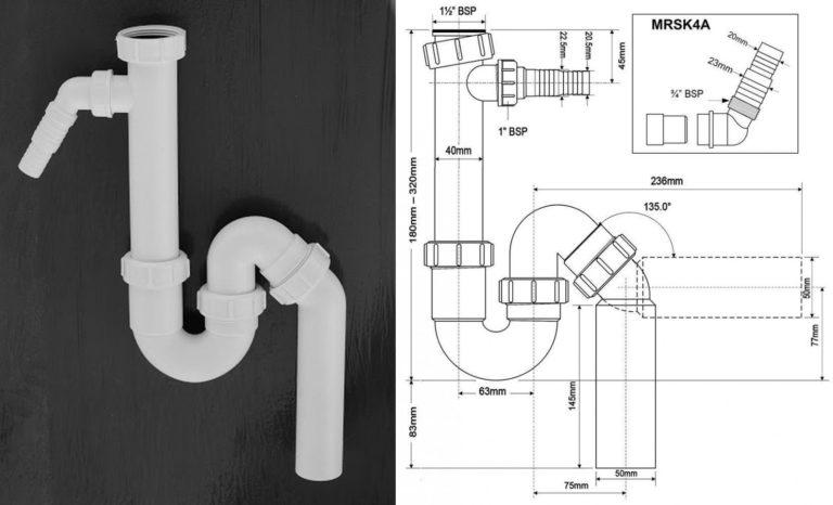 McAlpine (UK) pipe trap for washbasins with appliance outlet, 40 mm (MRSK6). Model MRSK4A is equipped with an angled outlet